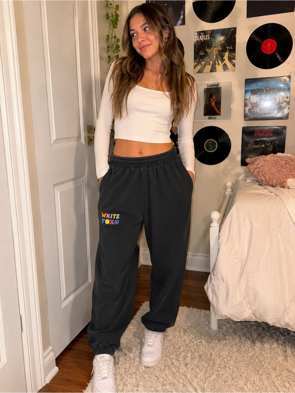 White Fox Boutique Black sweatpants with colorful Logo